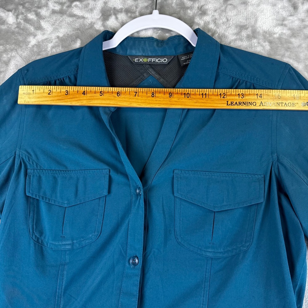 ExOfficio Button Down Shirt Womens Medium Teal Roll Tab Sleeve Hiking (1463) - Picture 12 of 15